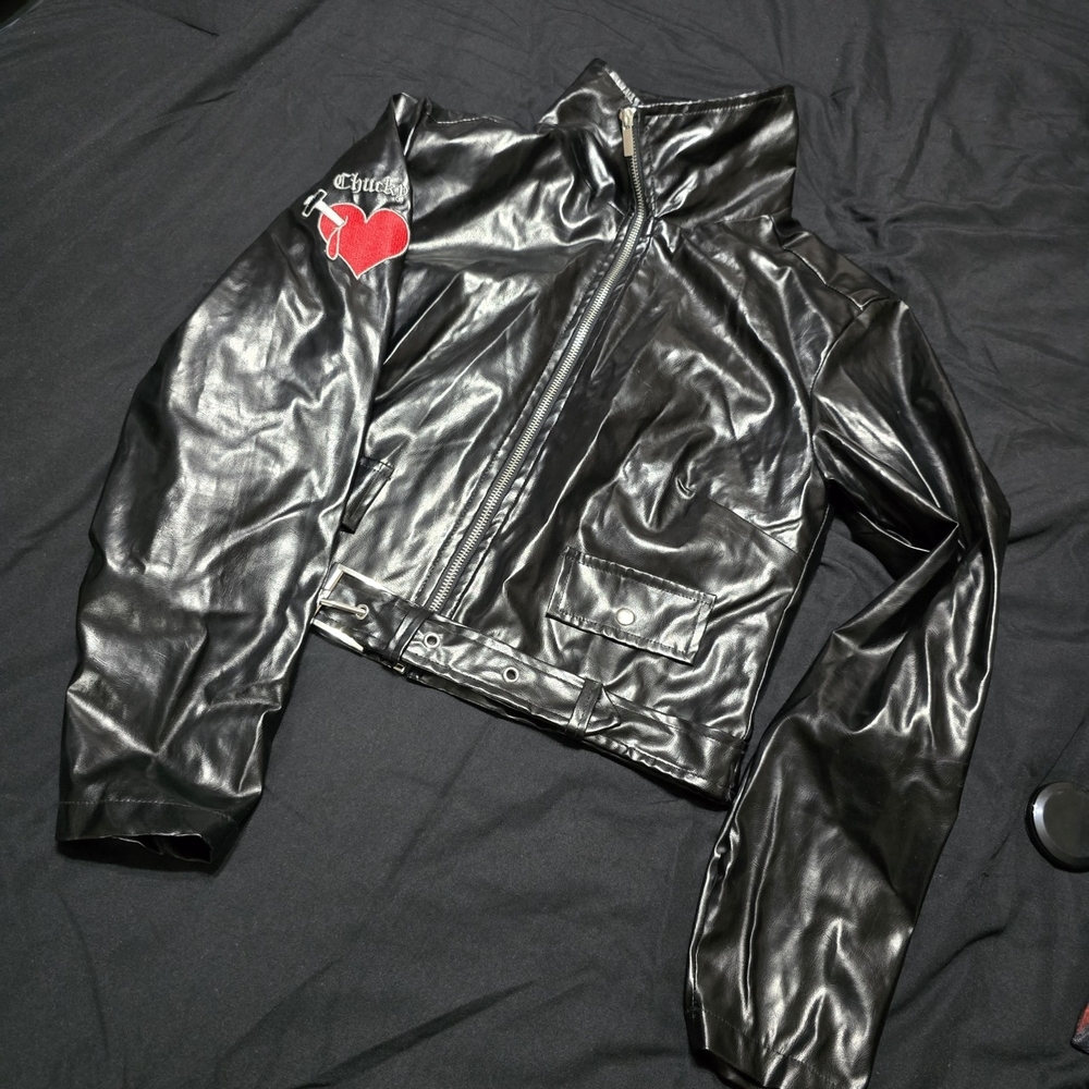 CHUCKY Black Faux Leather Jacket with Heart Patch